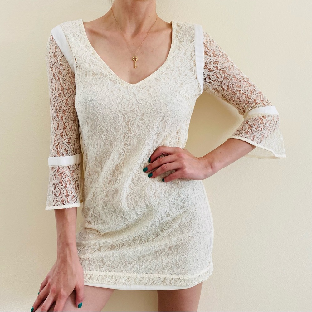 French Connection Lace 3/4 Bell Sleeves Mini Dress